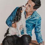 Painting of a cavalier king charles spaniel sitting on a man's lap
