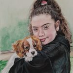 Painting of a young woman holding a cavalier king charles spaniel puppy